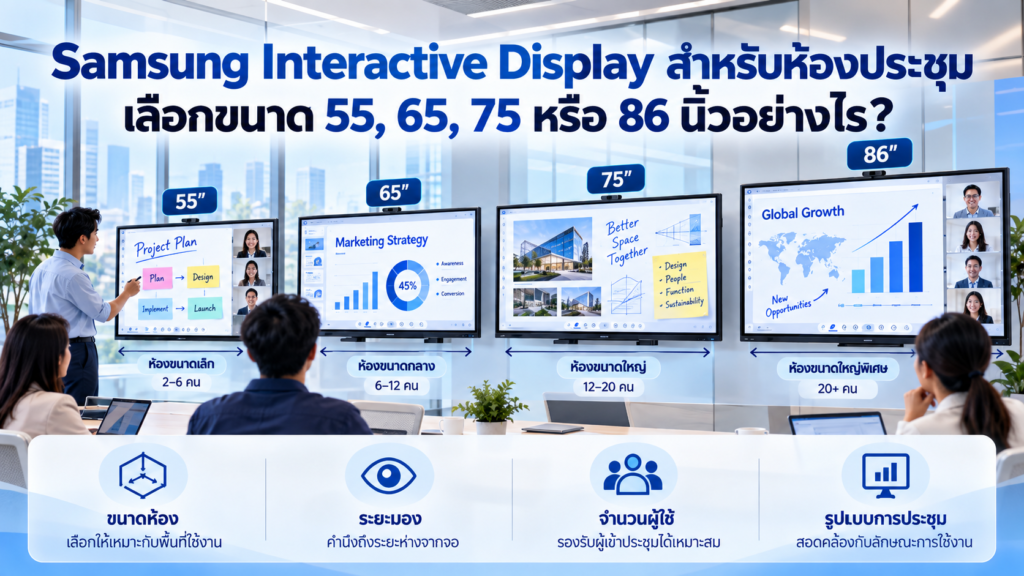 Samsung Interactive Display ห้องประชุม เปรียบเทียบขนาด 55 65 75 และ 86 นิ้ว